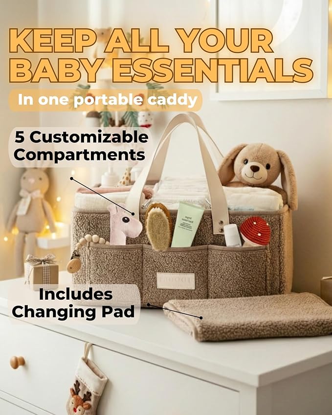 Baby Diaper Caddy Organizer with Portable Changing Mat - Teddy Fleece Diaper Organizer for Changing Table - Basket for Changing Essentials - Baby Essentials Organizer with Removable Dividers