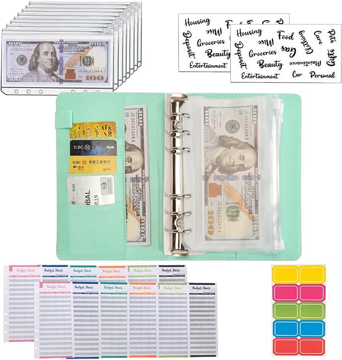 NICOOTHBudget Binder Cash Envelopes A6 Money Saving Binder with Zipper envelopes (A6 Green)