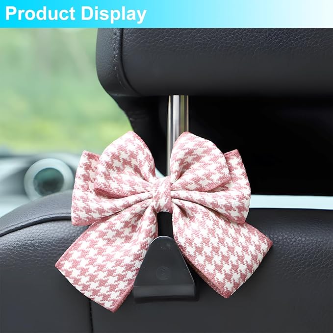 Mandark 2PCS Car Seat Headrest Hooks, Cute Bow Vehicle Hooks for Purses and Bags, Automotive Purse Hook Hanger Interior Decoration Accessories, Universal for SUV, Sedan, Truck (Pink/White)
