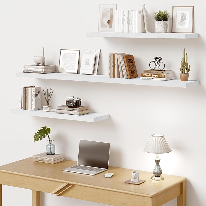 Vivelove 10 Deep Floating Shelves for Wall, 55" x 10.2" x 1.5" Shelves for Room Wall Mounted, 1.5 Inch Thick Shelf for Bathroom Bedroom Kitchen Book Room, Modern Farmhouse Decor, Set of 2, White