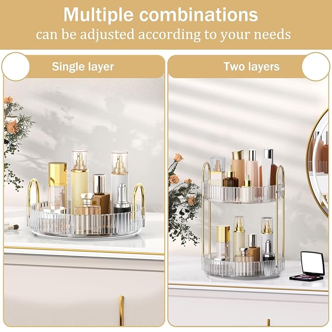 MOKANI 360 Rotating Makeup Organizer for Vanity, 2 Tier Adjustable Perfume Organizer for Dresser, Multi-Function Spinning Cosmetics Skincare Storage for Bedroom, Dresser, Countertop, Clear
