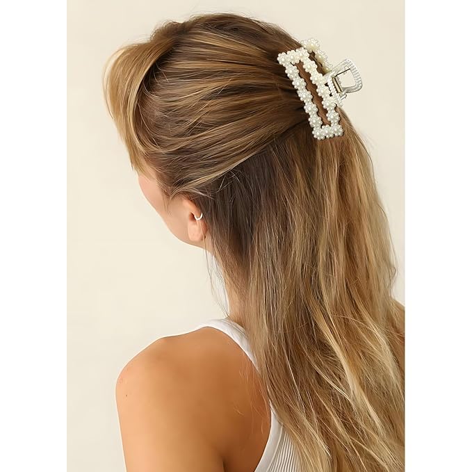 8 PCS Pearl Bridesmaid Gifts Rectangle Hair Claw Clips with Ribbon 3 Inch Hair Hccessories for Wedding Bachelorette Party Favors