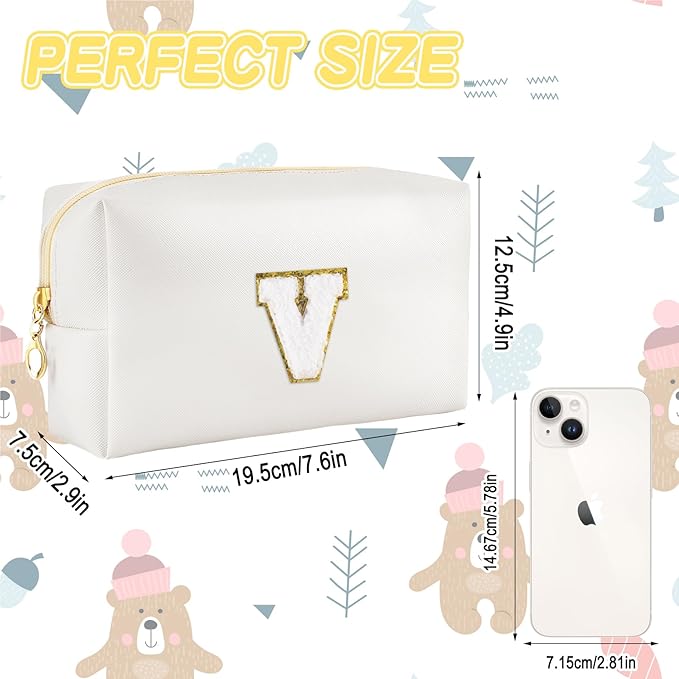 Gifts for Girls Initial Makeup Bag Personalized Cosmetic Bag with Zipper Cute Travel Toiletry Bags Waterproof PU Preppy Makeup Pouch Birthday Gift for Teen Girls Women(White V)