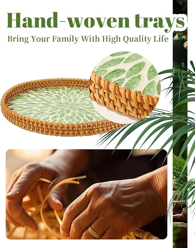12" Large Rattan Serving Tray with Mother of Pearl, Decorative Coffee Table Trays for Home Decor, Large Wicker Woven Serving Tray Decor for Kitchen Counter,Living Room and Ottoman, Green