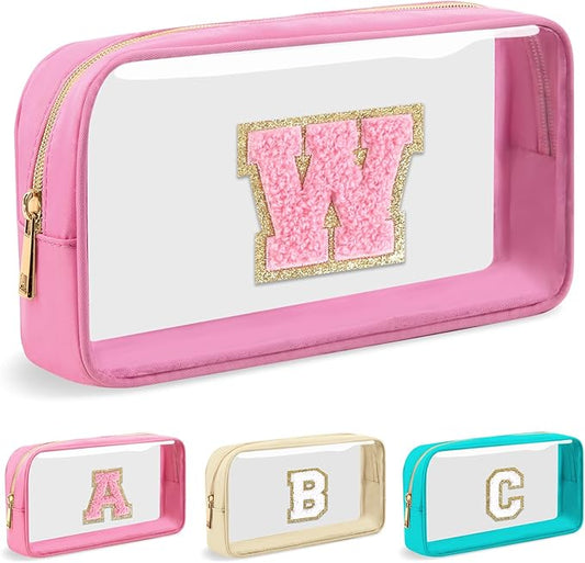 Personalized Initial Letter Clear Makeup Bag, Preppy Small Nylon & PVC Cosmetic Zipper Bag with Chenille Letter, Portable Beach Travel Skincare Toiletry Bag, Trendy Monogram Gift for Teen Girls Women, W