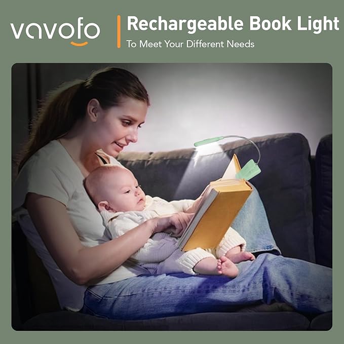 VAVOFO Rechargeable Book Light for Reading in Bed Kids, 7 LED Reading Light with 9-Level Warm Cool White Daylight, Eye Care Lamp with Power Indicator for Bookworms (Avocado Green)