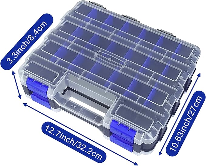 Tools Organizer Box Small Parts Storage Box 50-Compartment Double Side Hardware Organizers with Removable Plastic Dividers for Screws, Nuts, Nails, Bolts, Blue