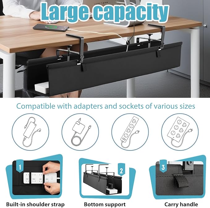 Oxford Cloth Under Desk Cable Management Tray, No-Drill 48" Desk Cable Management Organizer with Clip/Screw Installation, Holds Up to 70 lbs, Fabric Cable Management for Home, Office & Gaming Computer