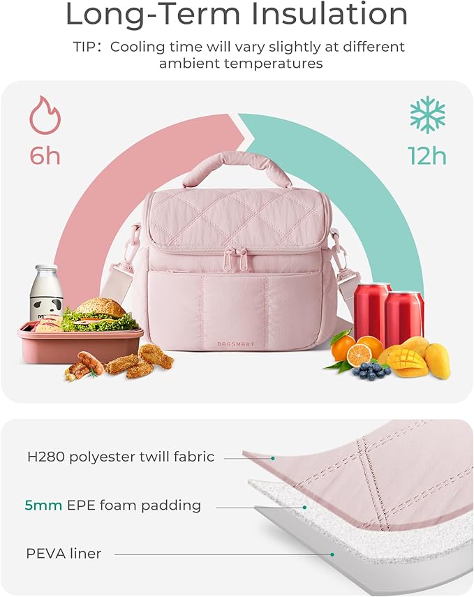 BAGSMART Insulated Lunch Bags for Women, Cute Quilted Lunch Box, Lightweight Puffy Padded Waterproof Lunch Tote, Reusable Lunch Cooler for Work Picnic Travel, Coffee Brown