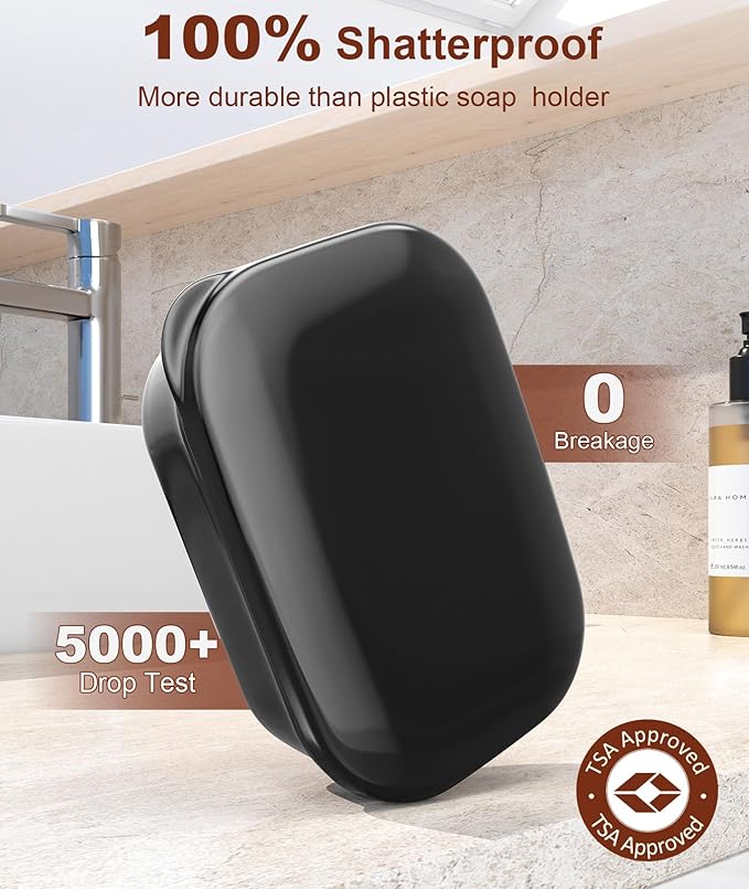 Quatish Leakproof Soap Dish with Lid & Draining Layer, Shatterproof Travel Bar Soap Holder Case Container, Portable Travel Size Toiletries Essentials for Camping, Gym, Bathroom, Black