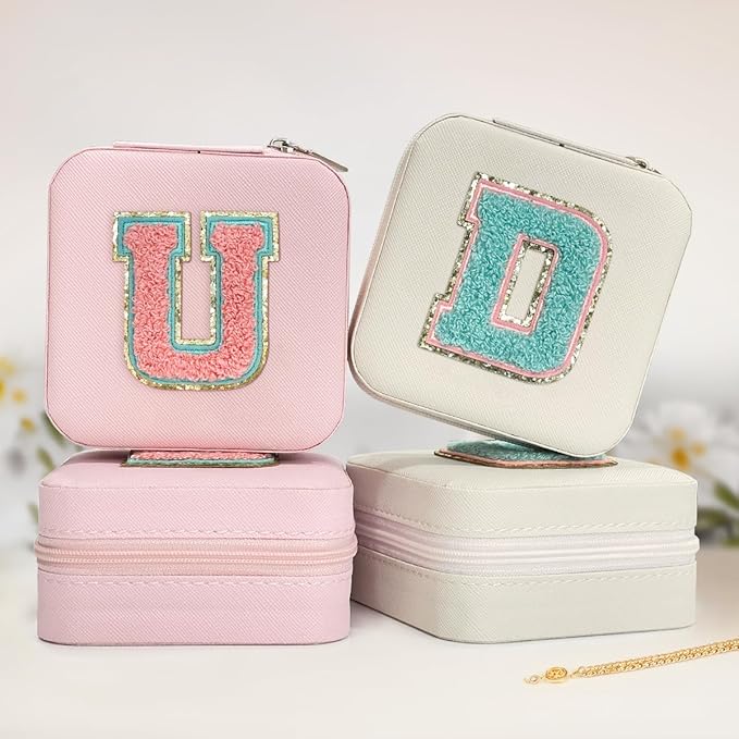 SANDJEST Personalized Jewelry Box, Pink Travel Jewelry Box with Initial U, Small Monogrammed Jewelry Case Organizer for Girls Women Teen Kids, Mini Travel Essentials Gifts for Birthday Christmas