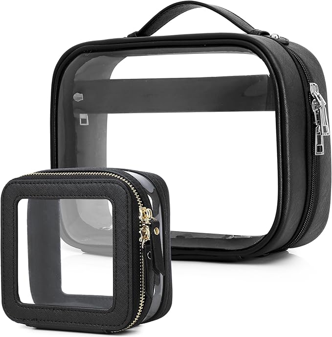 Pinkmik Travel Makeup Bag Set Portable Clear Cosmetic & Toiletry Case Women's Purse Organizer and Car Essentials with Zipper (Black, M+MINI-2)