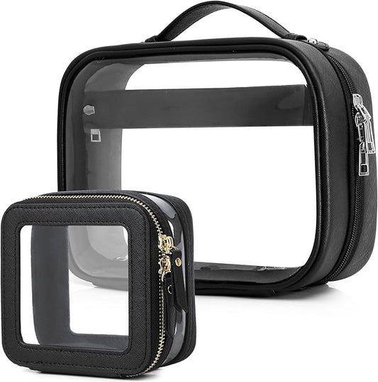 Pinkmik Travel Makeup Bag Set Portable Clear Cosmetic & Toiletry Case Women's Purse Organizer and Car Essentials with Zipper (Black, M+MINI-2)