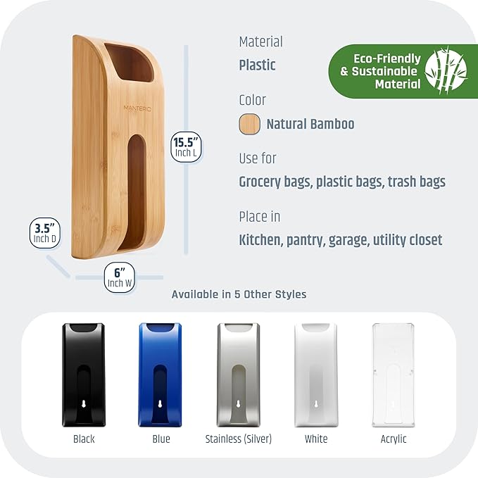Wall Mount Plastic Bag Organizer | Durable Bamboo Grocery Bag Saver | Smudge Proof, Fingerprint Resistant | Natural Wood Color