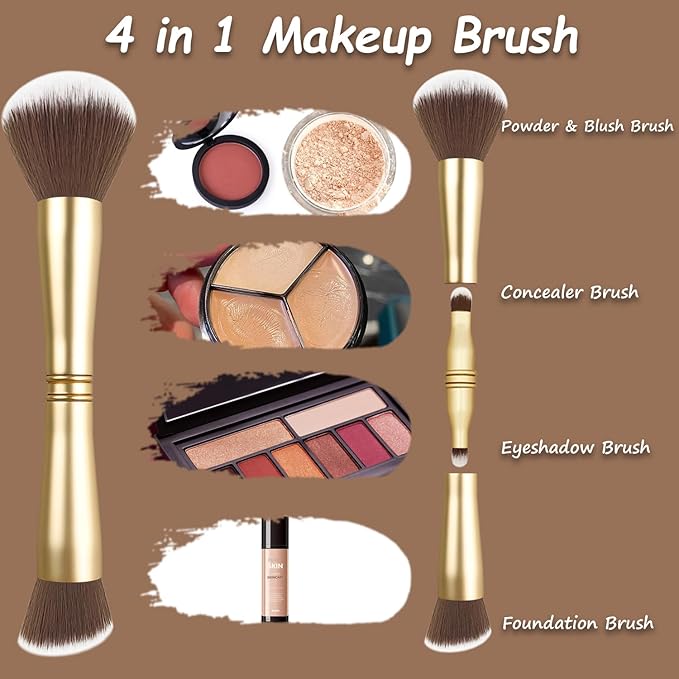 4 in 1 Makeup Brush Set - All in One Powder/Blush, Foundation, Blending & Eyeshadow Brushes, Compact & Travel Essential