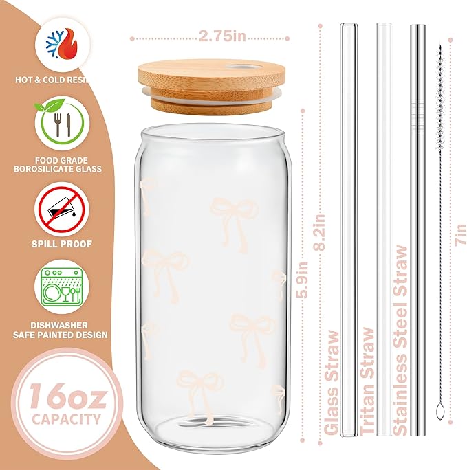 Coquette Cute Cream Bow Glass Cups with Lids and Straws, Aesthetic Iced Coffee Cup Girly Preppy Tumbler Mug Room Decor, Christmas Valentines Birthday Gifts for Women, Teen Girl Gifts Trendy Stuff