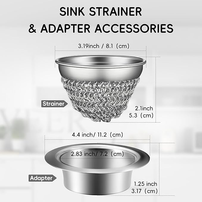 2 Set Kitchen Sink Strainer (Silver): with Adapter, Flexible Insert Chain Mesh Screen. 304 Stainless Steel, Clog-Free Catcher for Universal Sizes (Garbage Disposal)