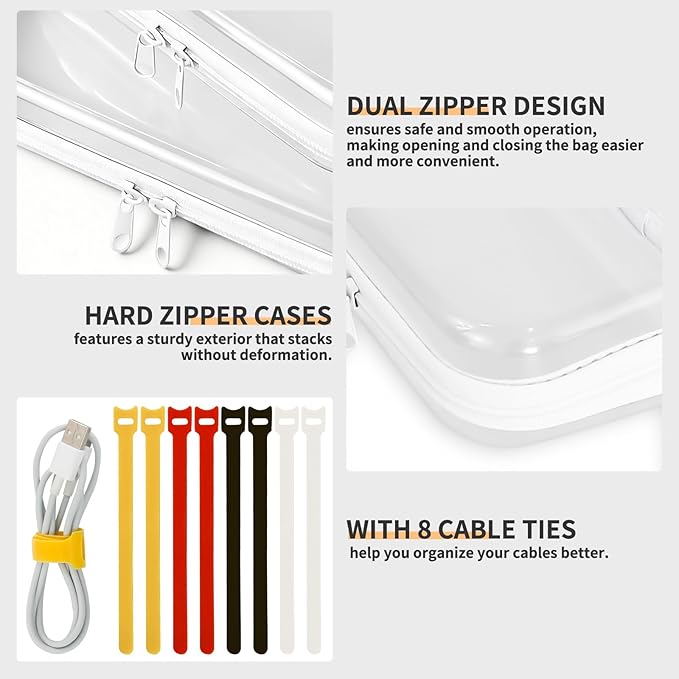 2PCS Clear Electronics Organizer Travel Case, Waterproof Tech Pouch, Cable Storage with 8 Wire Ties, Travel Portable Hard Shell Zipper Cases for Cord, Phone, Airpods, Mouse, Medium & Small