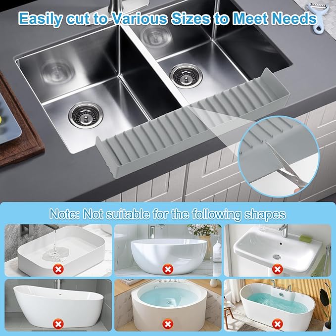 Silicone Faucet Splash Guard 4" x 14", Faucet Water Catcher Mat, Longer Silicone Sink Mat for Kitchen, Bathroom, Laundry Room, Farmhouse for Quartz Kitchen Sink（Gray）