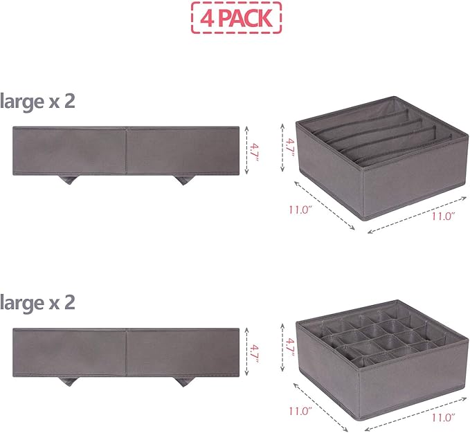 DIOMMELL 4 Pack Foldable Cloth Storage Box Closet Dresser Drawer Organizer Fabric Baskets Bins Containers Divider for Clothes Underwear Bras Socks Lingerie Clothing, M Grey 22-0000
