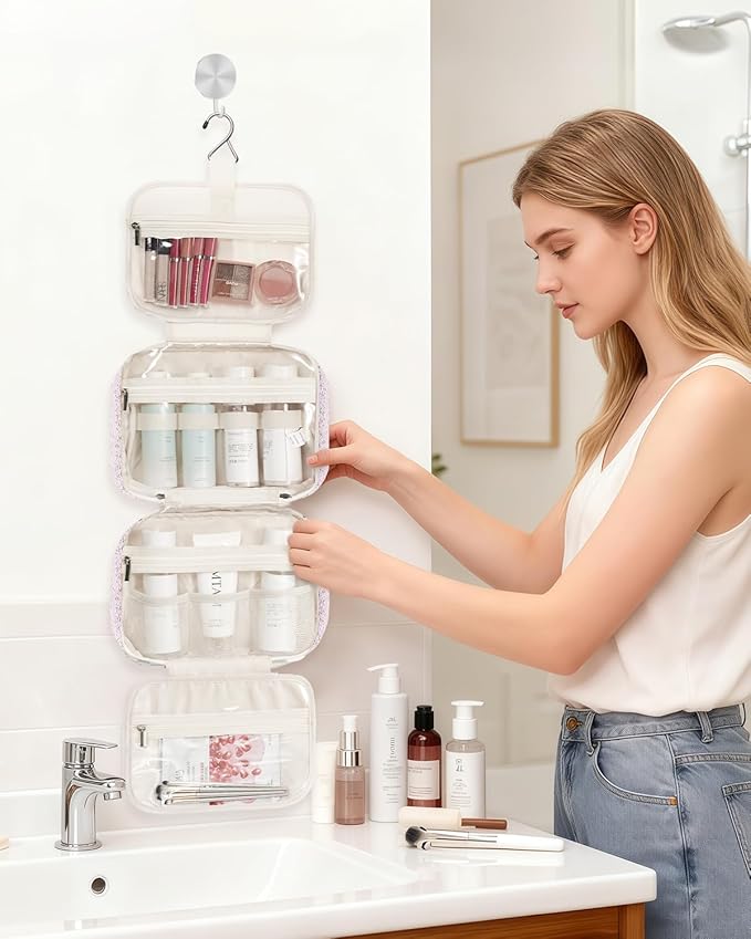 Narwey Hanging Toiletry Bag for Women Travel Makeup Bag Organizer Toiletries Bag for Travel Size Essentials Accessories Cosmetics (Pink Flower Buds (Medium))