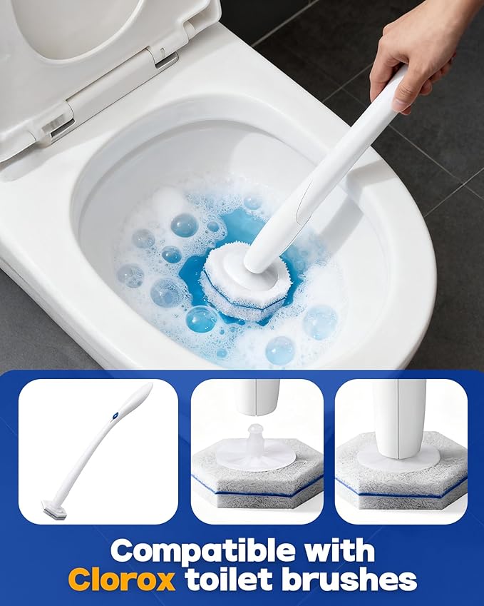 Disposable toilet wand refills (50 pack) compatible with Clorox, secure lock no-slipping design, instant foam cleaning scrubber pads, odor neutralizing refills