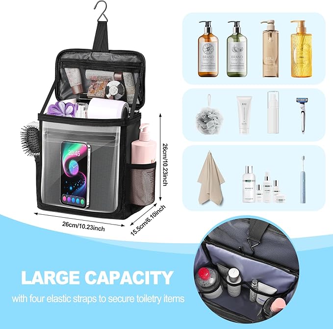 Hanging Shower Caddy Portable, Travel Toiletry Bag for Men & Women, Large Capacity with Hook,Dorm Room Essentials With Waterproof Phone Compartment, for Bathroom, Picnic, Gym, Travel(Black)