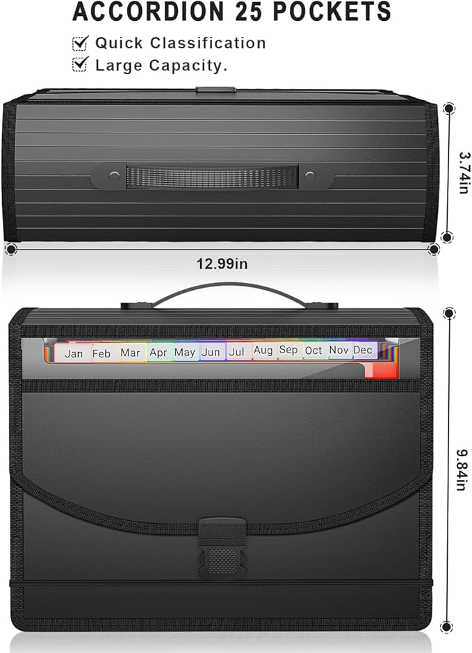 25 Pockets Expanding File Folder Accordion File Organizer with Handle,Fun Storage Portable Document Organizer File Box Filing Organizer for Home School Office Traveling, A4 and Letter Size