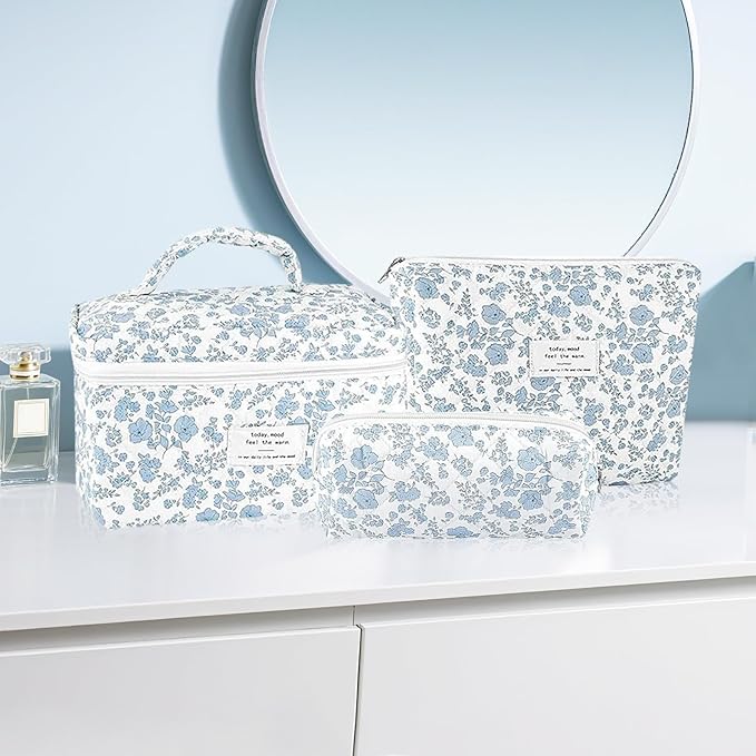 3Pcs Makeup Bag Quilted Cosmetic Bag Set Bow Travel Large Makeup Pouch for Women Cute Portable Cotton Toiletry Bag Skincare Organizer Coquette Vintage Travel Essential