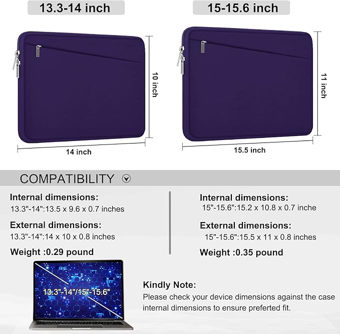15.6 inch Laptop Sleeve, Durable Carrying Bag Protective Case Briefcase Handbag with Front Pocket, Slim Computer Cover for 15-16 Inch HP, Dell, Lenovo, Asus, Notebook, Purple