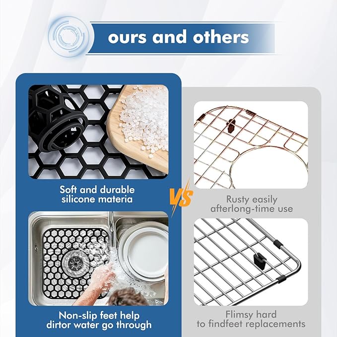 Silicone Sink Protectors for Kitchen Sink - 12" x 11" Kitchen Grid Accessory, Non-Slip Heat-Resistant Mat for Bottom of Porcelain Stainless Steel, Dishwasher Safe (Black)