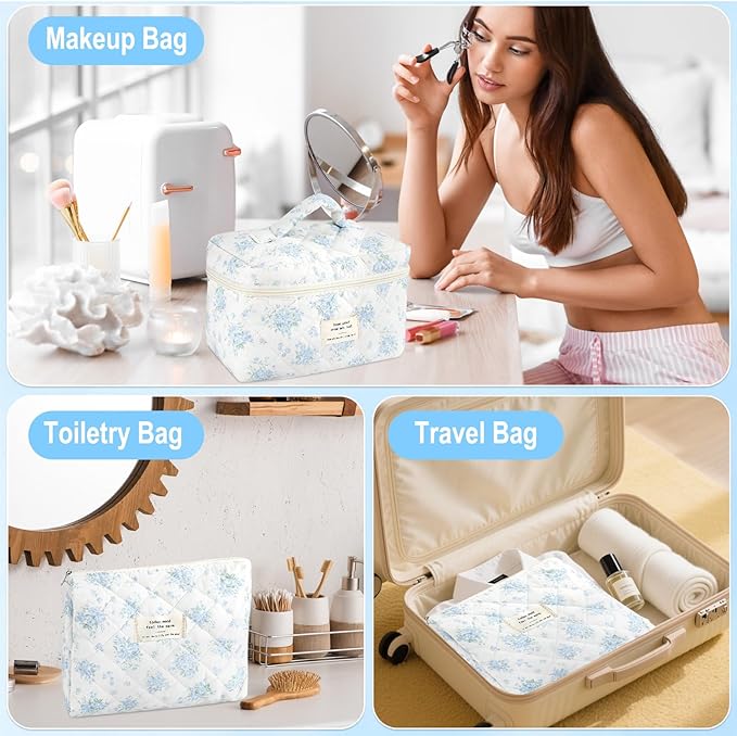 3Pcs Cotton Quilted Makeup Bag for Women Girls, Large Small Travel Floral Cosmetic Bags Set, Cute Coquette Zipper Makeup Pouch for Purse, Aesthetic Cloth Flower Storage Toiletry Bag Organizer