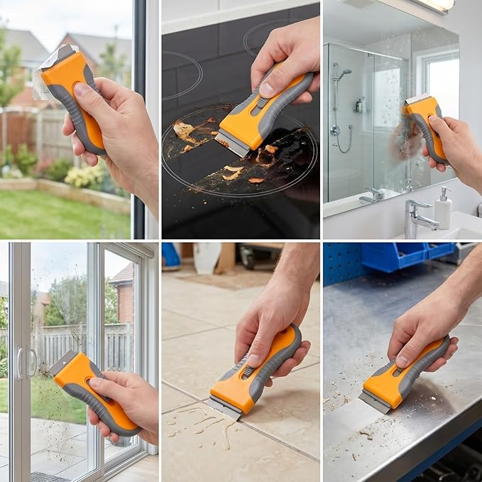 Razor Blade Scraper Tool 4 Pack with 40 Replacement Blades – Retractable Glass Scraper with Safety Lock & Non-Slip Grip for Windows, Cooktop, Stove Top, Sticker Label Paint Caulk Adhesive Remover