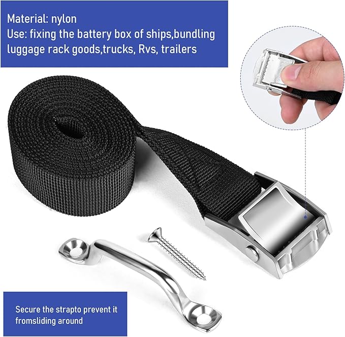 2 Sets 1"x 78"(6.5ft) Battery Tie Down Straps Kit with Stainless Steel Cam Buckle for Boats Battery Hold Down with Stainless Steel and SS Screws for Cooler,Battery Box,Fuel Tank,Luggage Belt,Cars