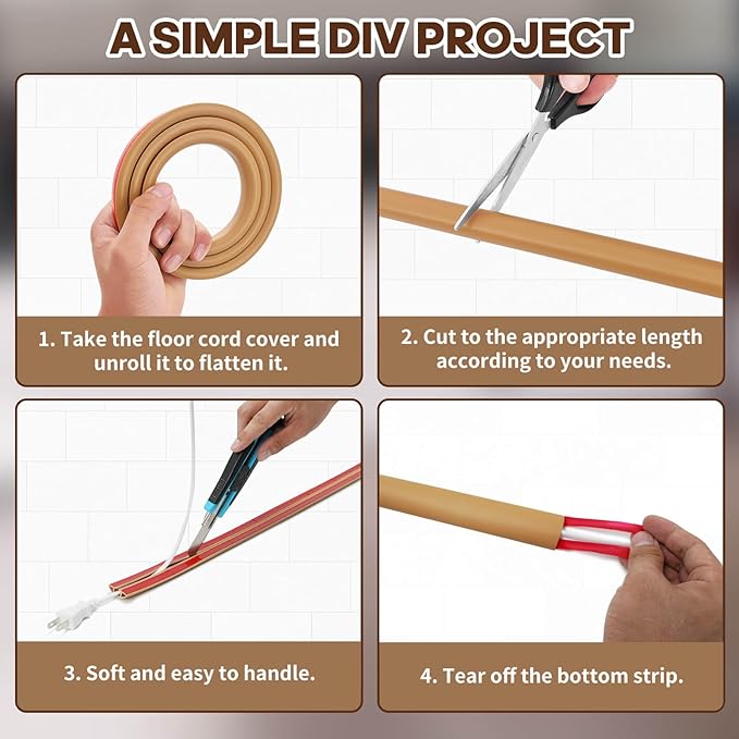 Floor Cord Cover, Floor Cable Cover, Cord Hider Floor, Soft PVC Self Adhesive, Extension Cord Covers for Floor, Prevent Cable Trips,for Offices, Gyms, Exhibitions (Light Brown, 4feet)