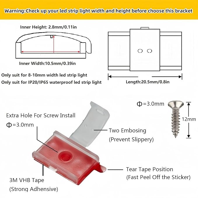 Threetwofour 100 Pack Double Installation LED Strip Light Mounting Bracket Self Adhesive LED Clips Only for Width 8-10mm/0.31-0.39in Height<2.8mm/0.11in Indoor LED Strip Light with 102PCS Screws