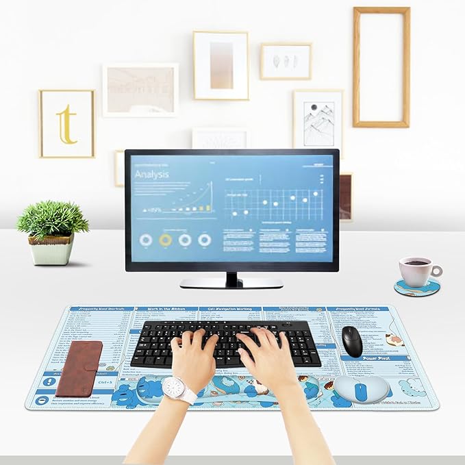 Excel Cheat Sheet Desk Pad Large Mouse Pad Set, Wrist Rest Support Desk Mat for Keyboard and Mouse, 4PCS Computer Mats XXL Non-Slip Base Mousepad Protector Office, Shortcuts Employee Appreciation