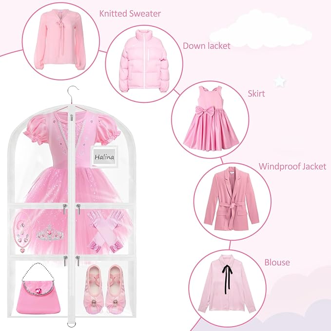 Garment Bags for Dance Costumes - 40 Inch Clear PVC with 5 Zipper Pockets (White) - Kids Dance Garment Bag for Dancers, Hanging Clothes Storage, Competitions & Travel