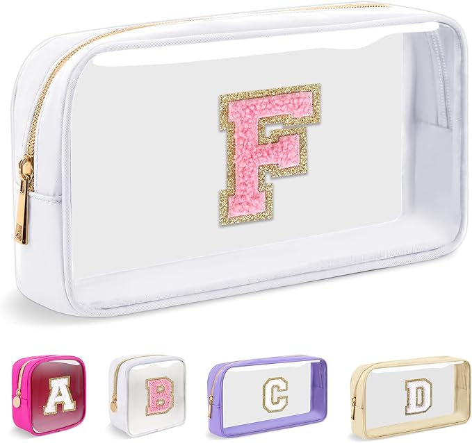 Small Clear Personalized Initial Makeup Bag,Nylon Preppy A-Z Chenille Letter Patch Cosmetic Pouch Beach Toiletry Bag,Waterproof Zipper Travel Purse Storage Bag Organizer for Women Girls(White-Pink F)
