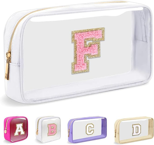 Small Clear Personalized Initial Makeup Bag,Nylon Preppy A-Z Chenille Letter Patch Cosmetic Pouch Beach Toiletry Bag,Waterproof Zipper Travel Purse Storage Bag Organizer for Women Girls(White-Pink F)