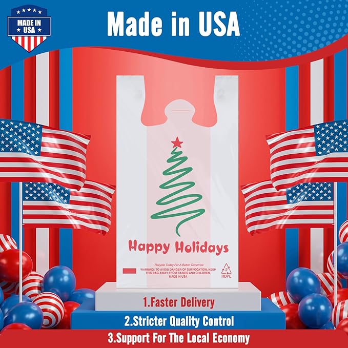 Fuxury 1000 Count - Happy Holiday Plastic T-shirt Bags with Handles (11.5" x 6.5" x 21"), Grocery, Take Out, To Go, Retail Shopping Bags in Bulk for Small Business