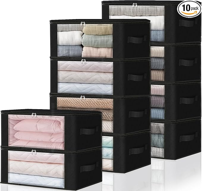 HomeHacks Storage 10-Pack Clothes Organizer Storage Bags Foldable Storage Box with Large Clear Window Sturdy Handles for Closet, Dorm, Pillows, Bedding, Clothes, Blankets, 35L, Black