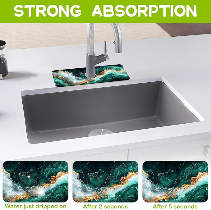 Emerald and Gold Marble Texture Kitchen Sink Splash Guard Faucet Mat, Super Absorbent Fast Drying Mat Guard Behind Faucet, Drip Catcher for Kitchen Bathroom, 15.5"X5.5"
