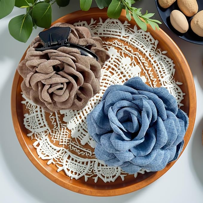 4pcs Handmade Fabric Rose Flower Hair Claw Clip for Women Girls, 3.94" Large Boho Hawaiian Floral Hairpins Barrettes for Thick Thin Hair Styling Accessories (Yellow Brown)