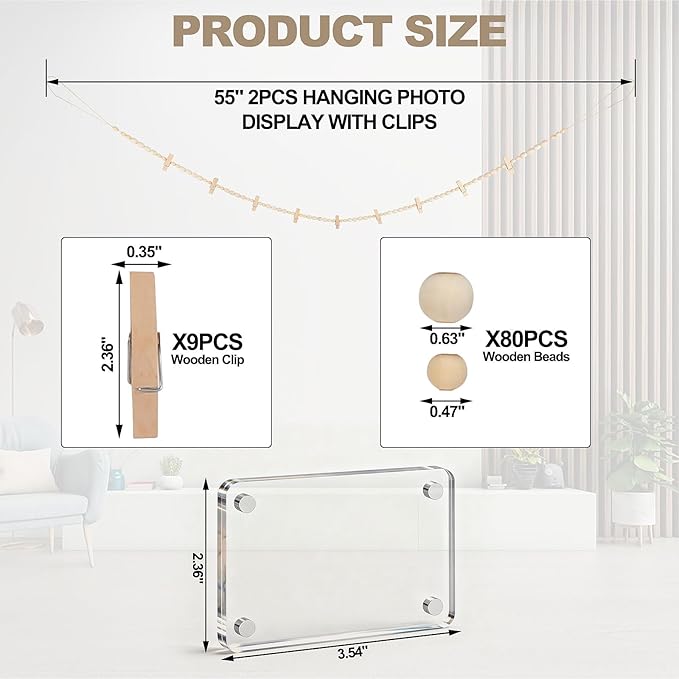 2 Pack Hanging Photo Display with Clips, Boho Wooden Bead Garland Wall Decor, Collage Picture Frame String with 9 Clips for Bedroom Living Room Dorm Office, Christmas Birthday Gifts for Teen Girls