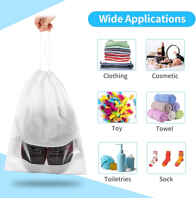 12 Pack Shoe Bags for Travel, Large Travel Shoe Bags for Packing with Clear Window, Dustproof Drawstring Travel Shoe Storage Bags Travel Essentials for Men & Women, White
