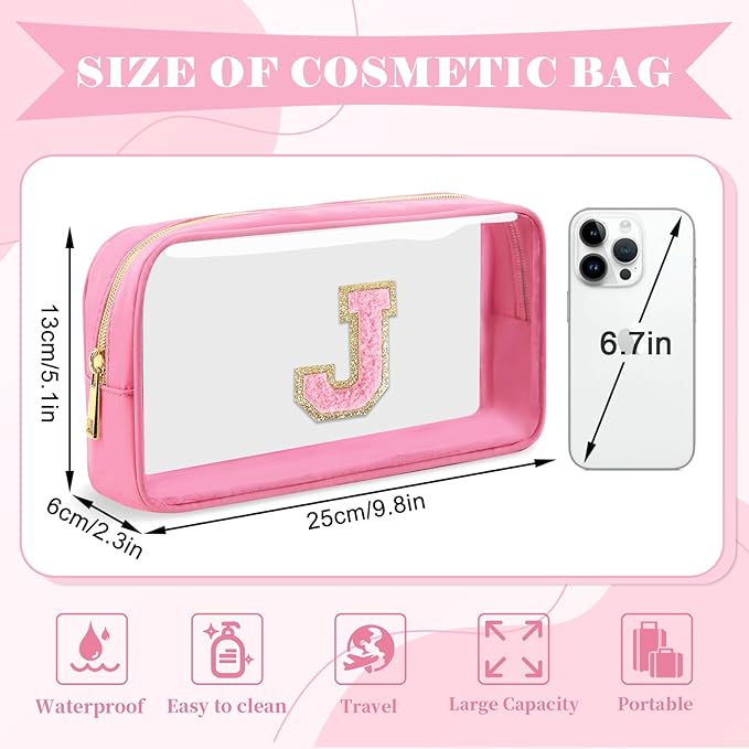 Personalized Initial Letter Clear Makeup Bag, Preppy Small Nylon & PVC Cosmetic Zipper Bag with Chenille Letter, Portable Beach Travel Skincare Toiletry Bag, Trendy Monogram Gift for Teen Girls Women, J