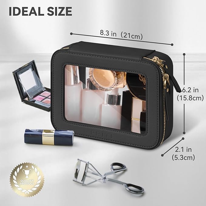 Prite Clear Makeup Bag Cosmetic Organizer Case Waterproof Travel Toiletry Bag Skincare Pouch with Golden Zipper (Black)