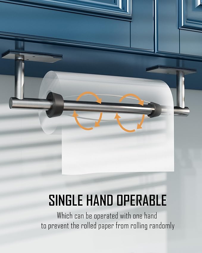 BATHDANCE Paper Towel Holder Under Cabinet, Single Hand Operable Easy Tear Wall Mount with Damping Effect, Self-Adhesive or Drilled for Kitchen Bathroom (Sliver)