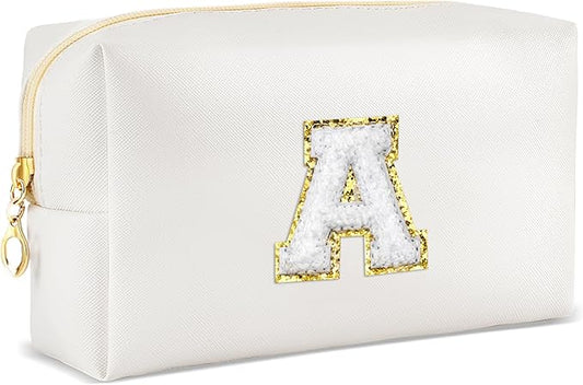 Gifts for Girls Initial Makeup Bag Personalized Cosmetic Bag with Zipper Cute Travel Toiletry Bags Waterproof PU Preppy Makeup Pouch Birthday Gift for Teen Girls Women(White A)